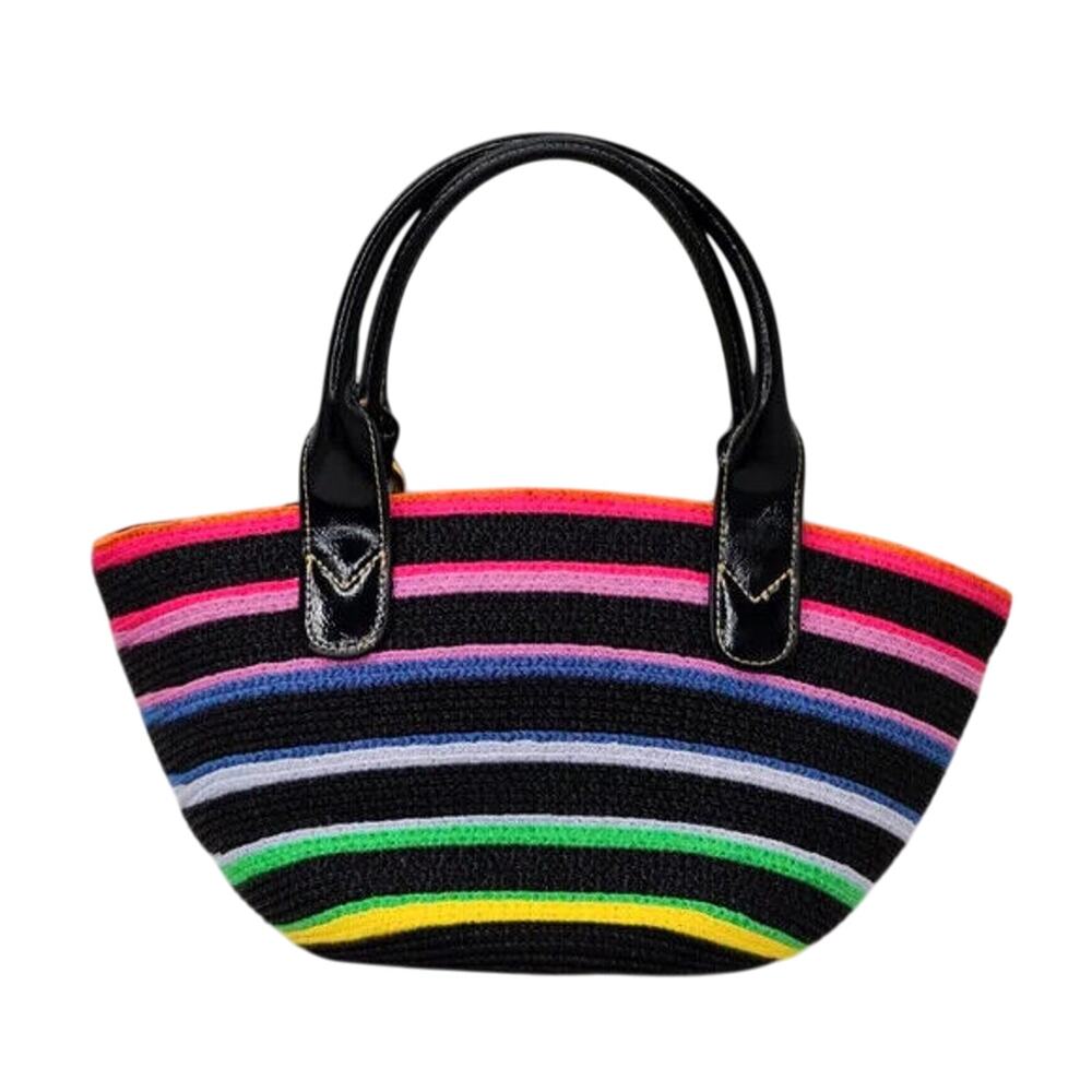 black  straw Striped top handle Handbag